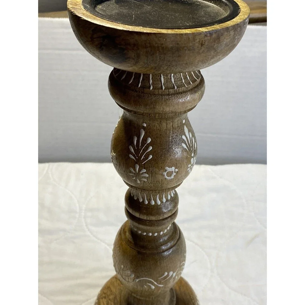 Wooden Hand painted Chunky Candle Holder, Column, 12” Tall